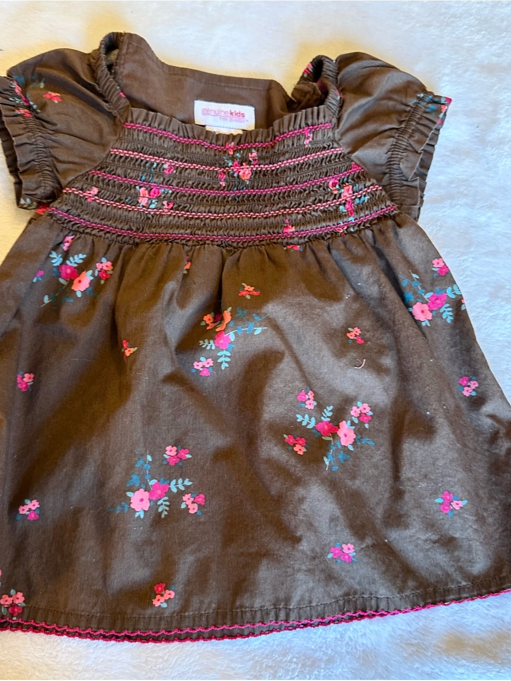 Gymboree Brown Dress with Pink & Teal Floral Smocking